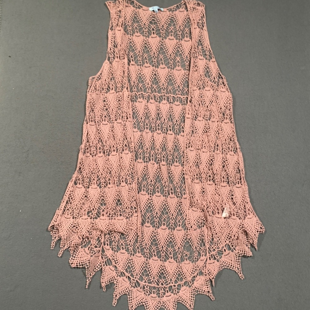 She + Sky Crochet Vest Women Large Pink Open Knit Boho Sharkbite Hem SL4264